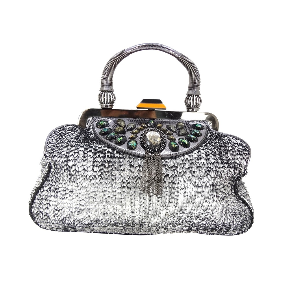 Original by Sharif Silver Metallic Embellished Evening Bag Tassel Frame‎ Purse
